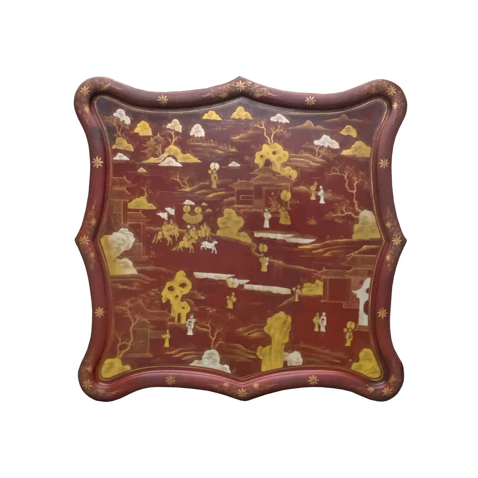 Chinese Ox Blood Red Brown Lacquer Golden Scenery Square Tray Display Art - 5