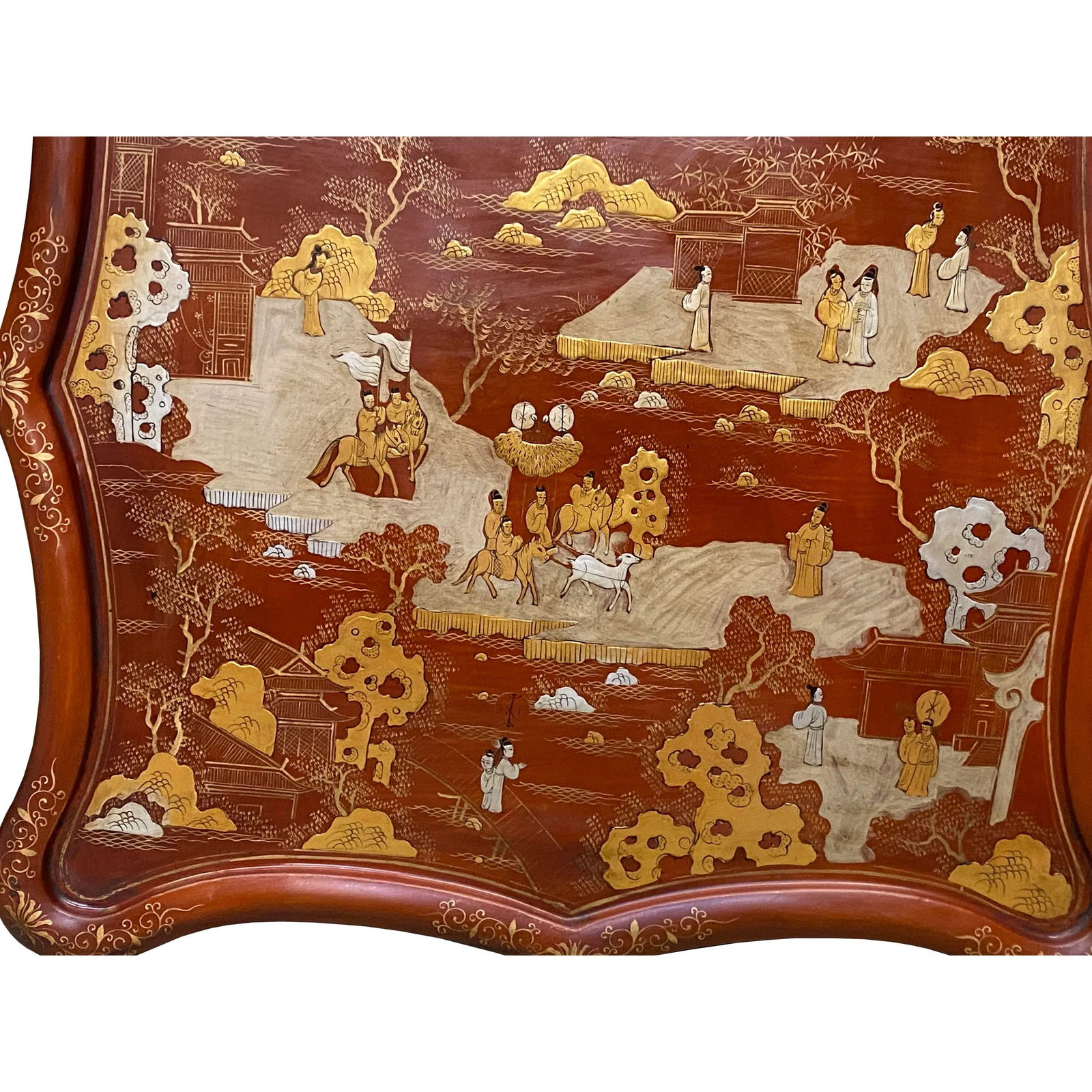 Chinese Brick Red Lacquer Golden Scenery Square Tray Display Art - 4