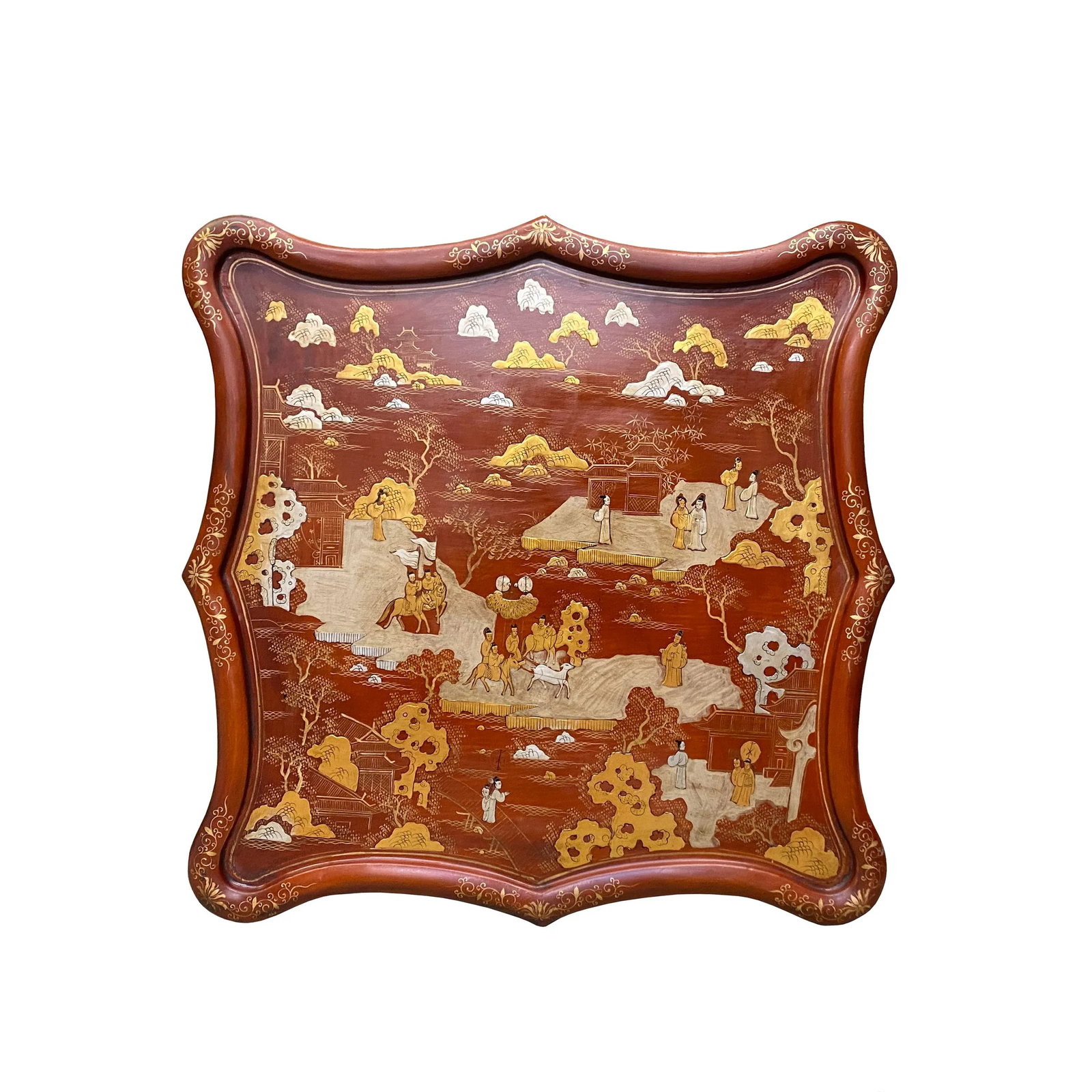 Chinese Brick Red Lacquer Golden Scenery Square Tray Display Art - 5