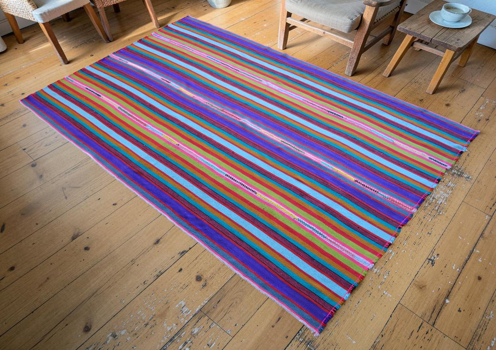Bright Multi Color Striped Turkish Rug, 5'6x8'6 Authentic Village Kilim, Mid Century Modern Home Dec - 2