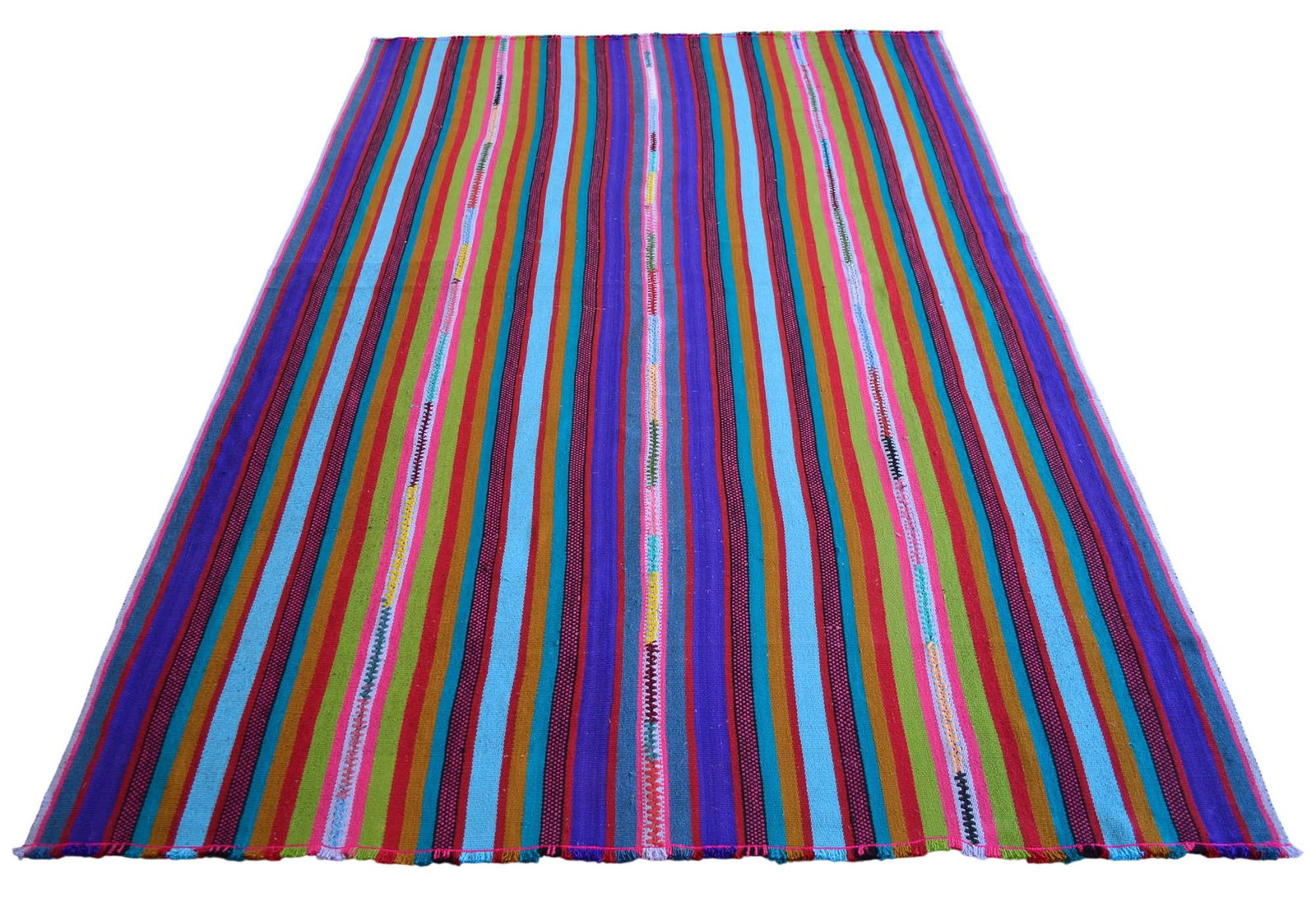 Bright Multi Color Striped Turkish Rug, 5'6x8'6 Authentic Village Kilim, Mid Century Modern Home Dec - 7