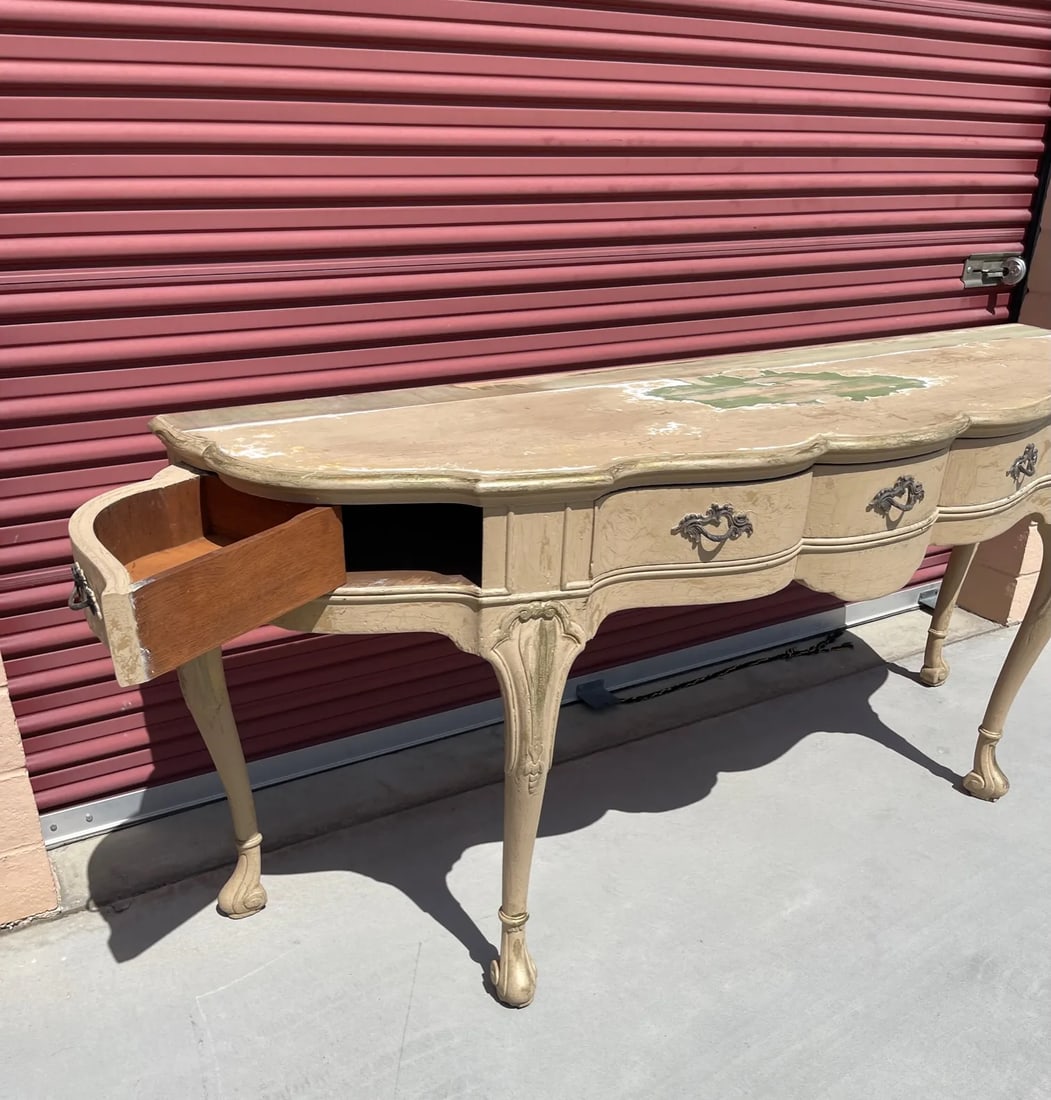 Antique French Louis XV Style Distressed Scalloped Front Console Table - 10
