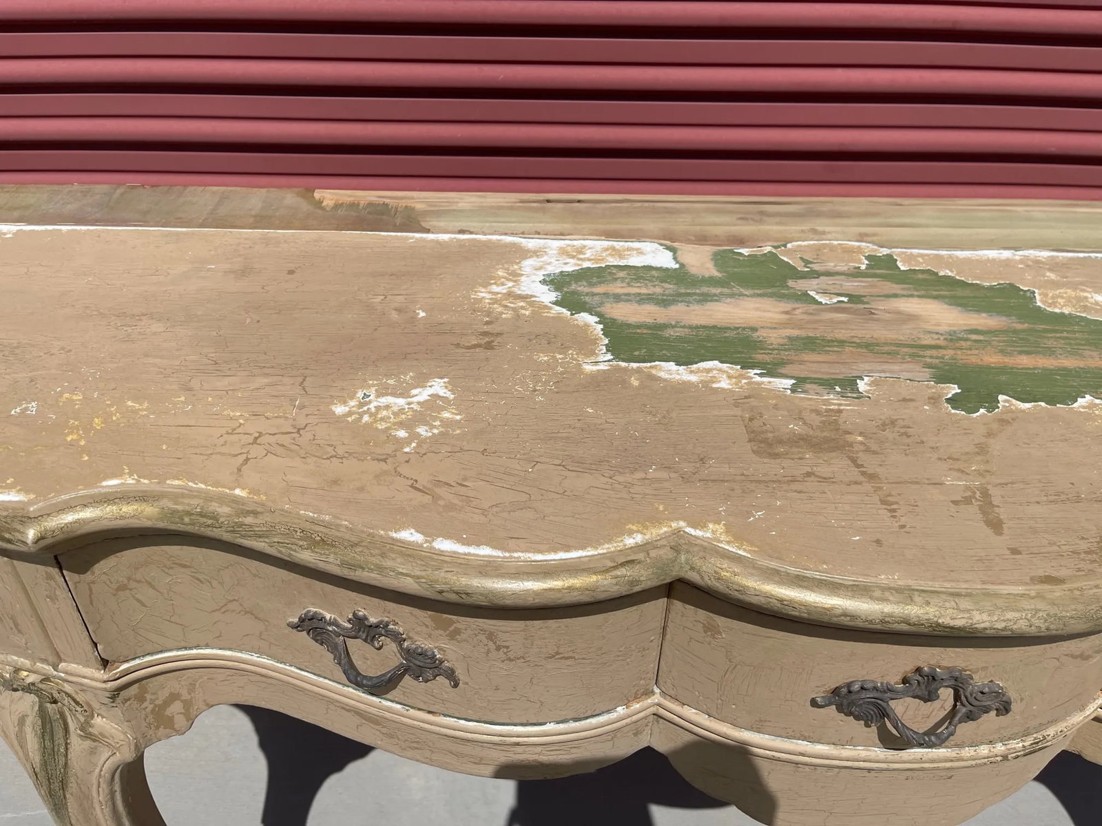 Antique French Louis XV Style Distressed Scalloped Front Console Table - 11