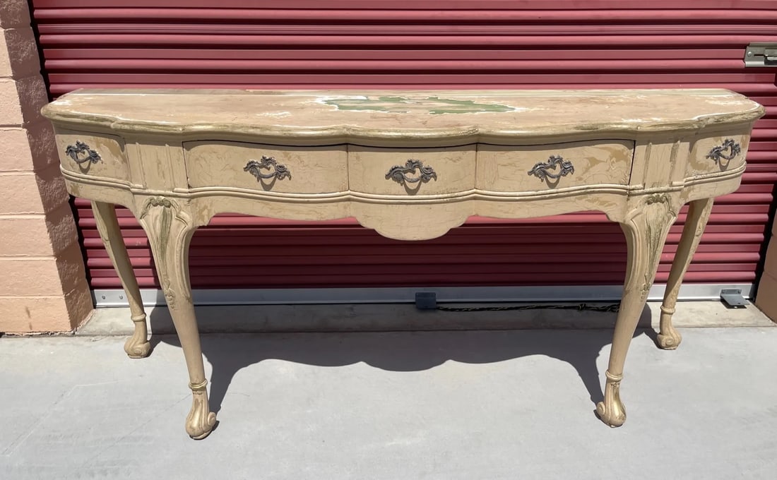 Antique French Louis XV Style Distressed Scalloped Front Console Table - 13