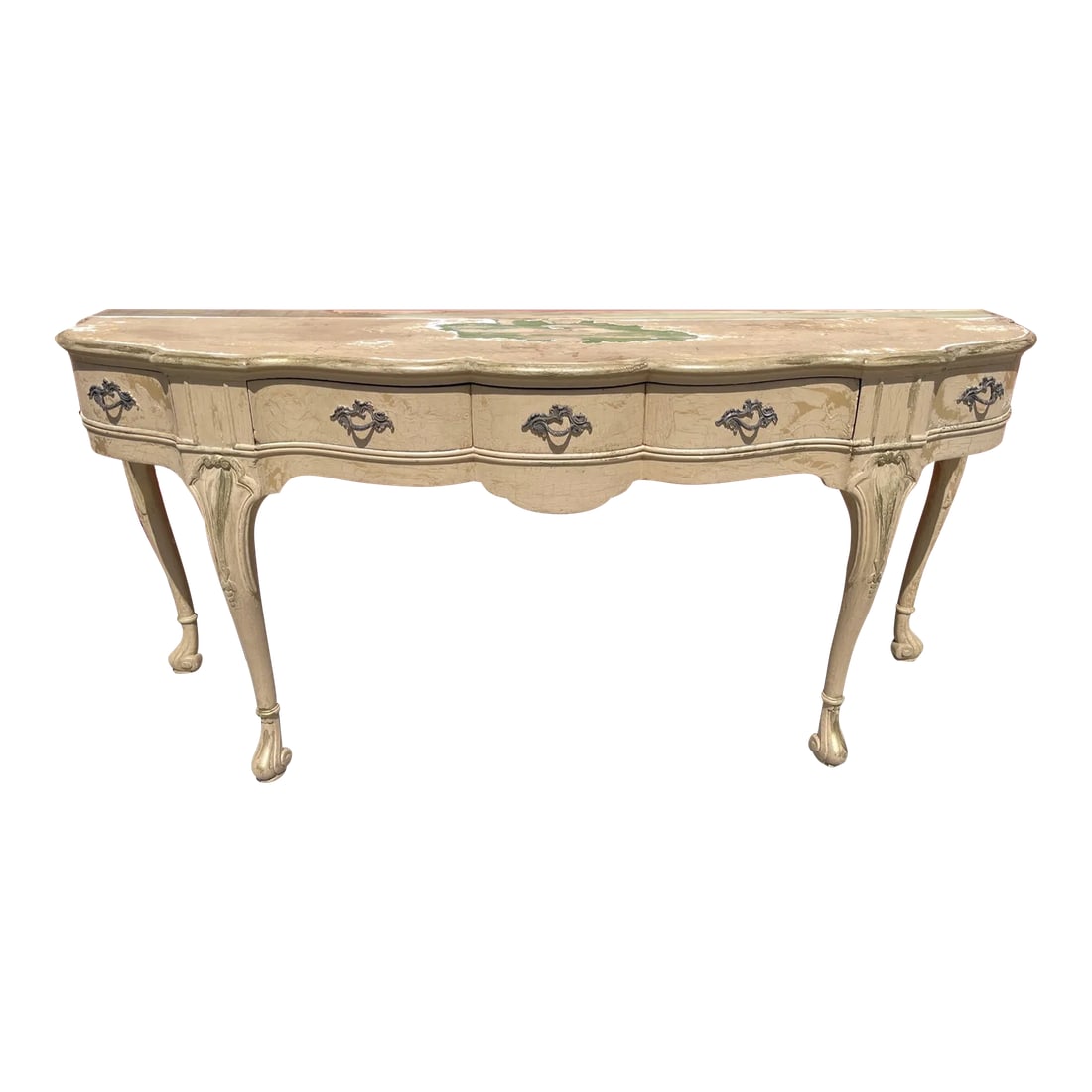 Antique French Louis XV Style Distressed Scalloped Front Console Table: Vintage French Provincial Console Table w/5 Drawers, 2 of which swing outwards. Drawers have dividers that can be removed. Chippy, crackle paint finish with layers of yellow, green, white and gold.