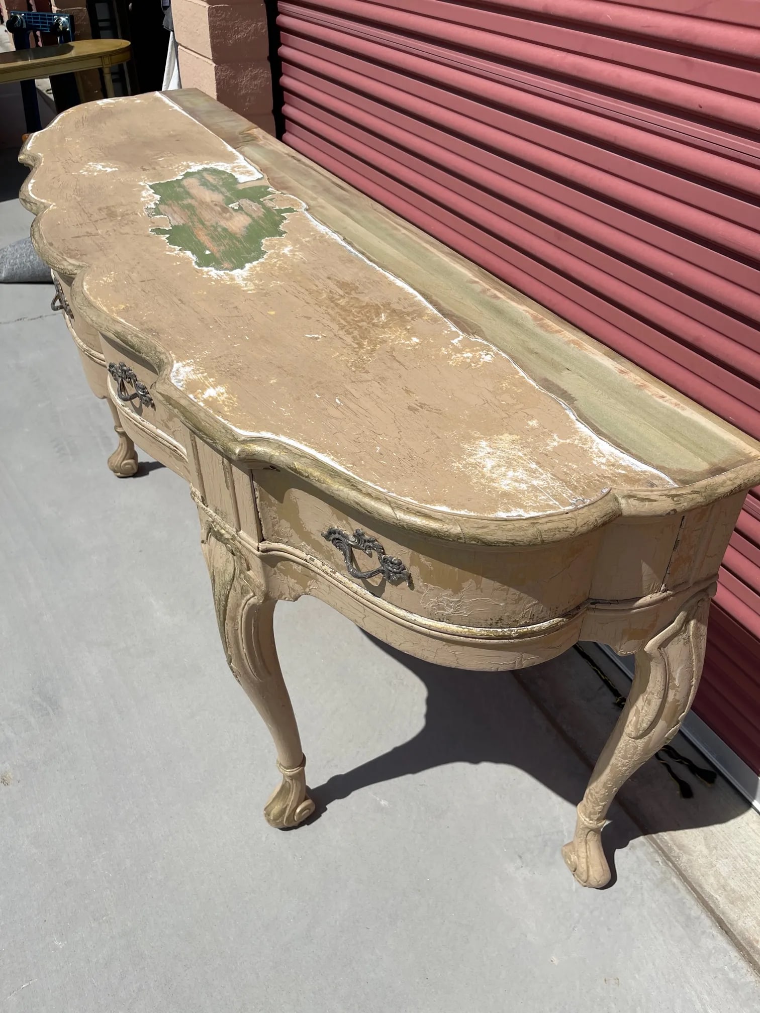 Antique French Louis XV Style Distressed Scalloped Front Console Table - 3