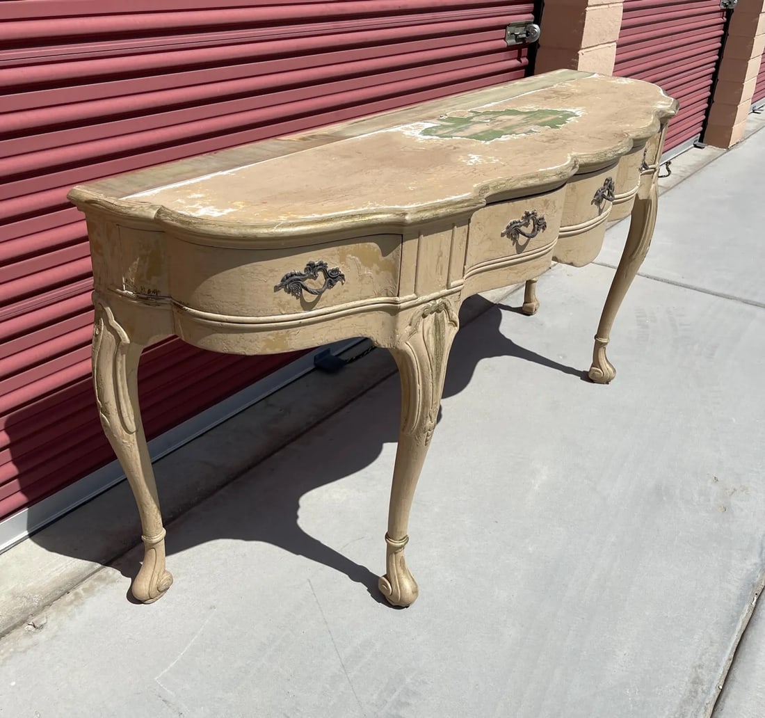 Antique French Louis XV Style Distressed Scalloped Front Console Table - 4