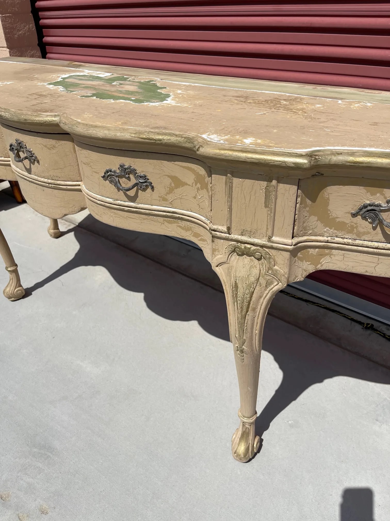 Antique French Louis XV Style Distressed Scalloped Front Console Table - 5