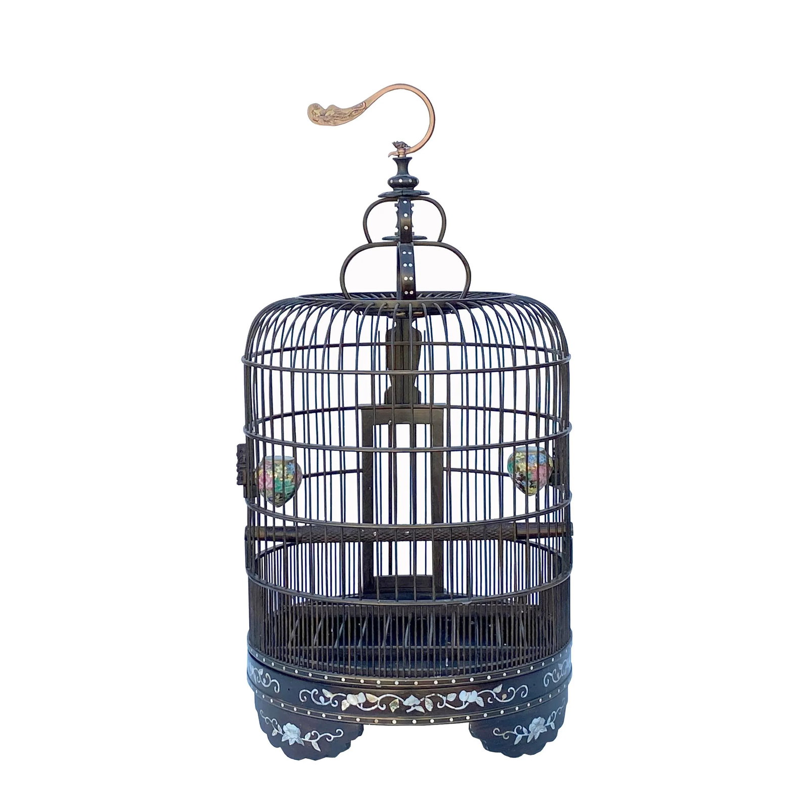 Chinese Tan Solid Wood Mother of Pearl Inlay Round Collectable Birdcage - 2