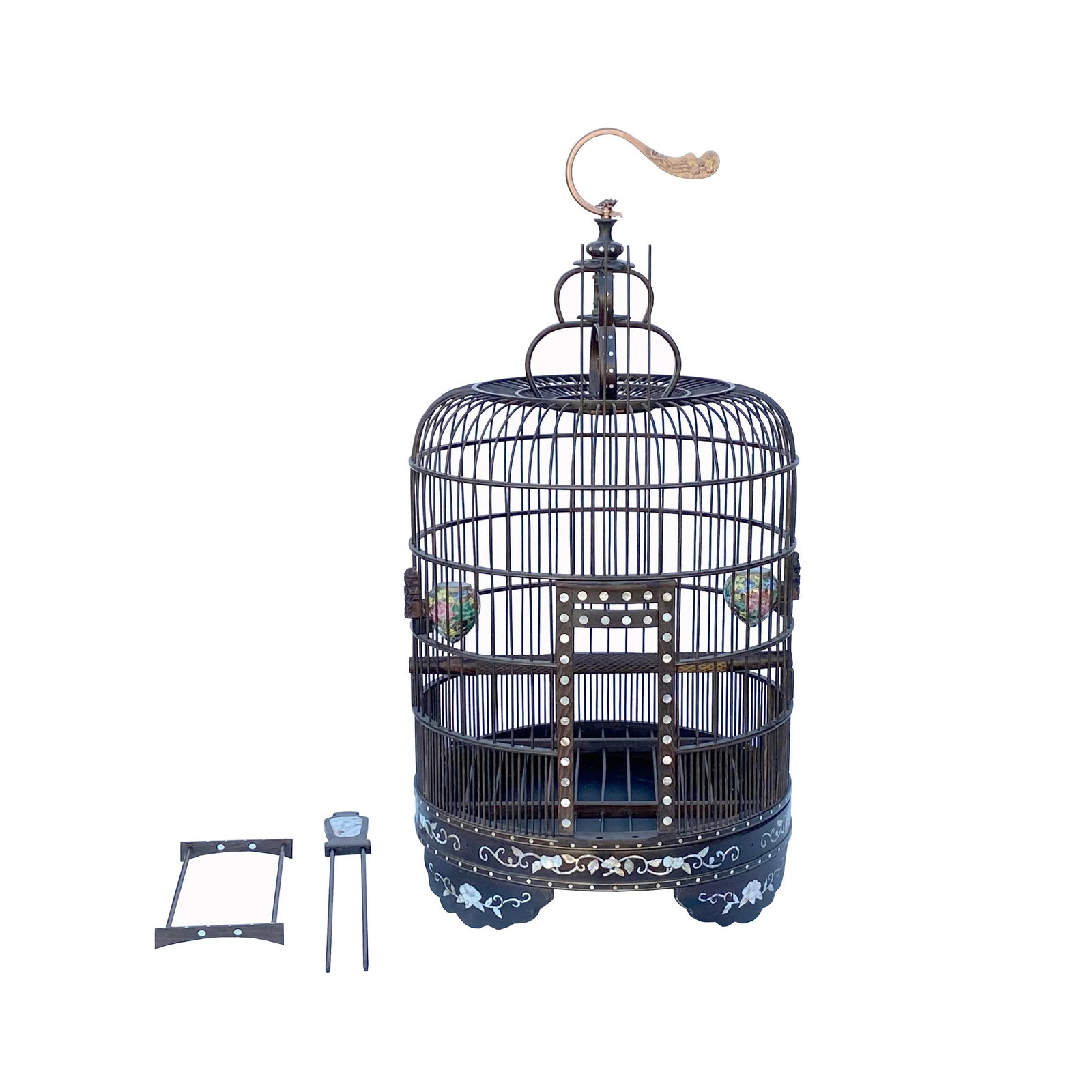 Chinese Tan Solid Wood Mother of Pearl Inlay Round Collectable Birdcage - 7