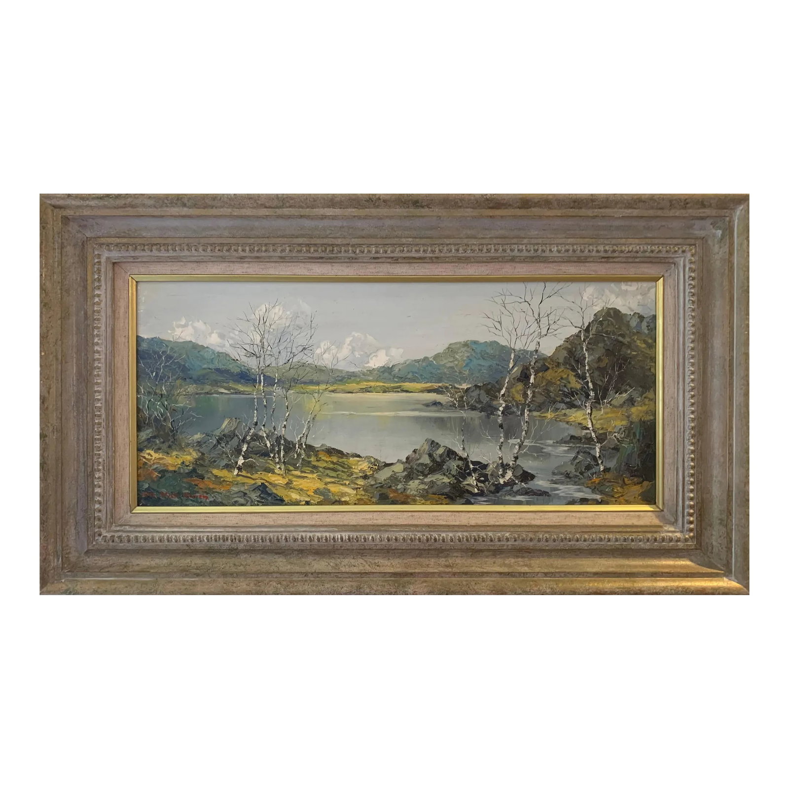 Vintage Oil Painting of Snowdon Mountains & Lakes in Wales by Modern British Artist, 1975 Circa: Vintage Oil Painting of Snowdon Mountains & Lakes in Wales by Modern British Artist Charles Wyatt Warren (1908-1983) Art measures 21.5 x 9.25 inches Frame measures 28.5 x 17 inches Charles Wyatt Warre