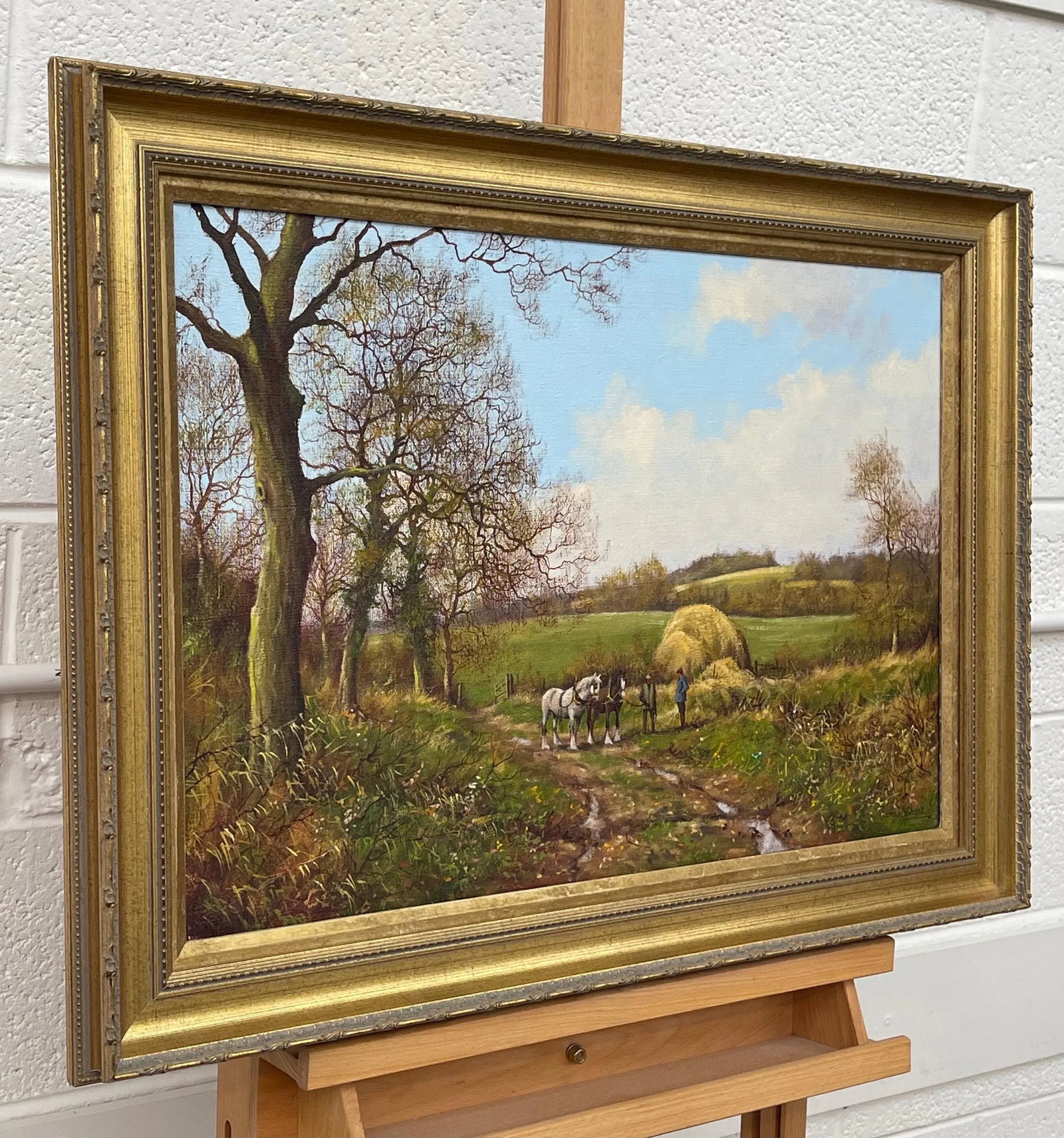 James Wright Horses with Ploughmen in the English Countryside by Realist Landscape Artist 1990 Circa - 2