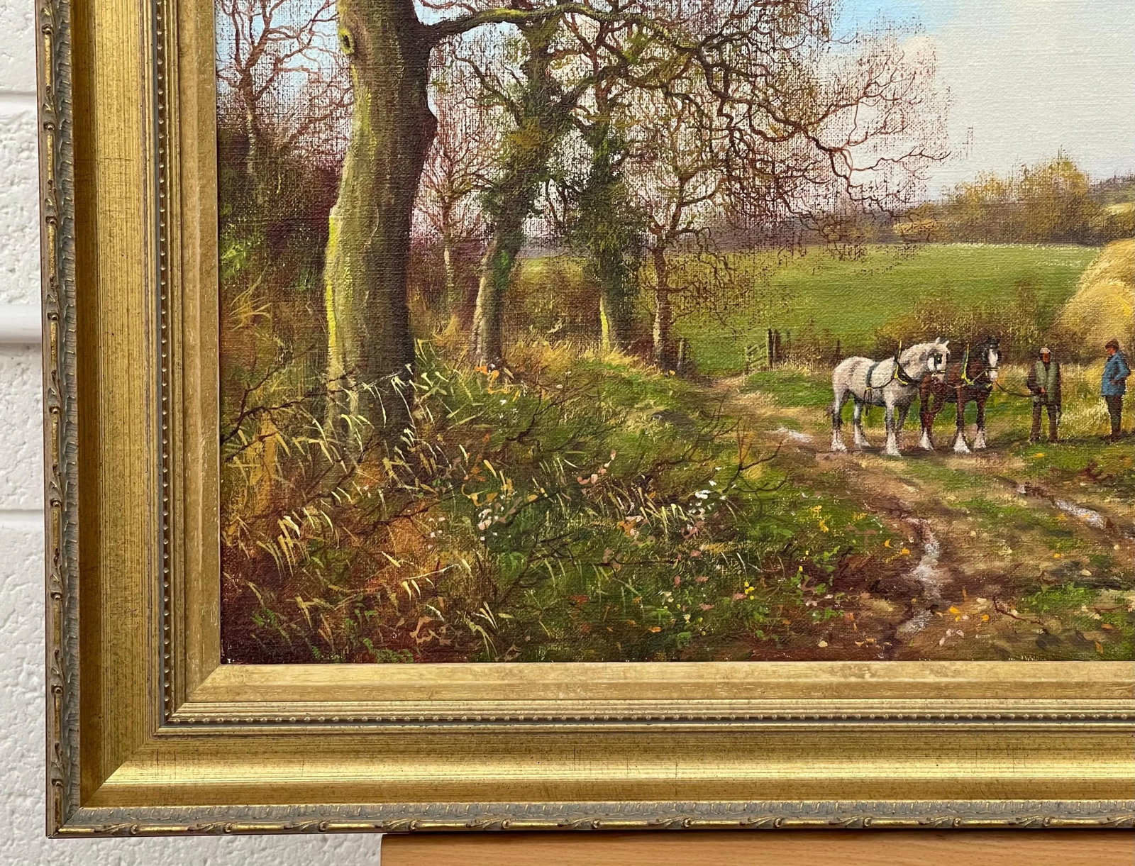 James Wright Horses with Ploughmen in the English Countryside by Realist Landscape Artist 1990 Circa - 3