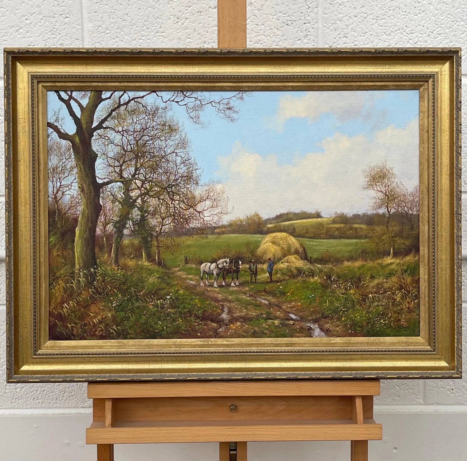 James Wright Horses with Ploughmen in the English Countryside by Realist Landscape Artist 1990 Circa - 6