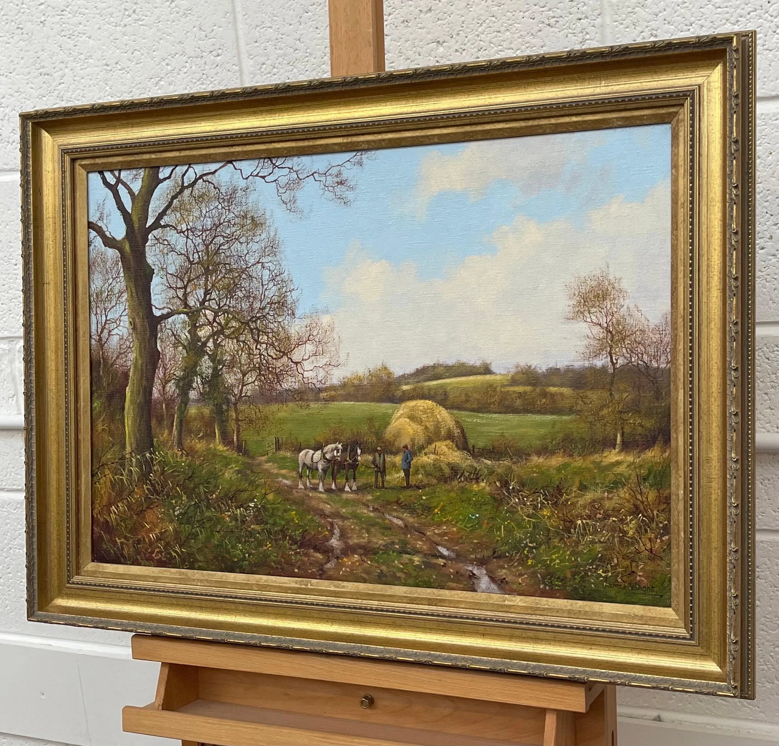 James Wright Horses with Ploughmen in the English Countryside by Realist Landscape Artist 1990 Circa - 7