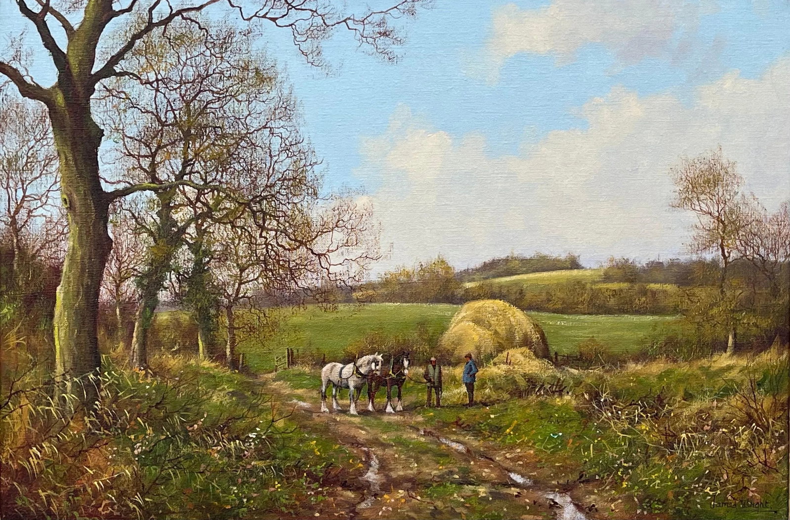 James Wright Horses with Ploughmen in the English Countryside by Realist Landscape Artist 1990 Circa - 8