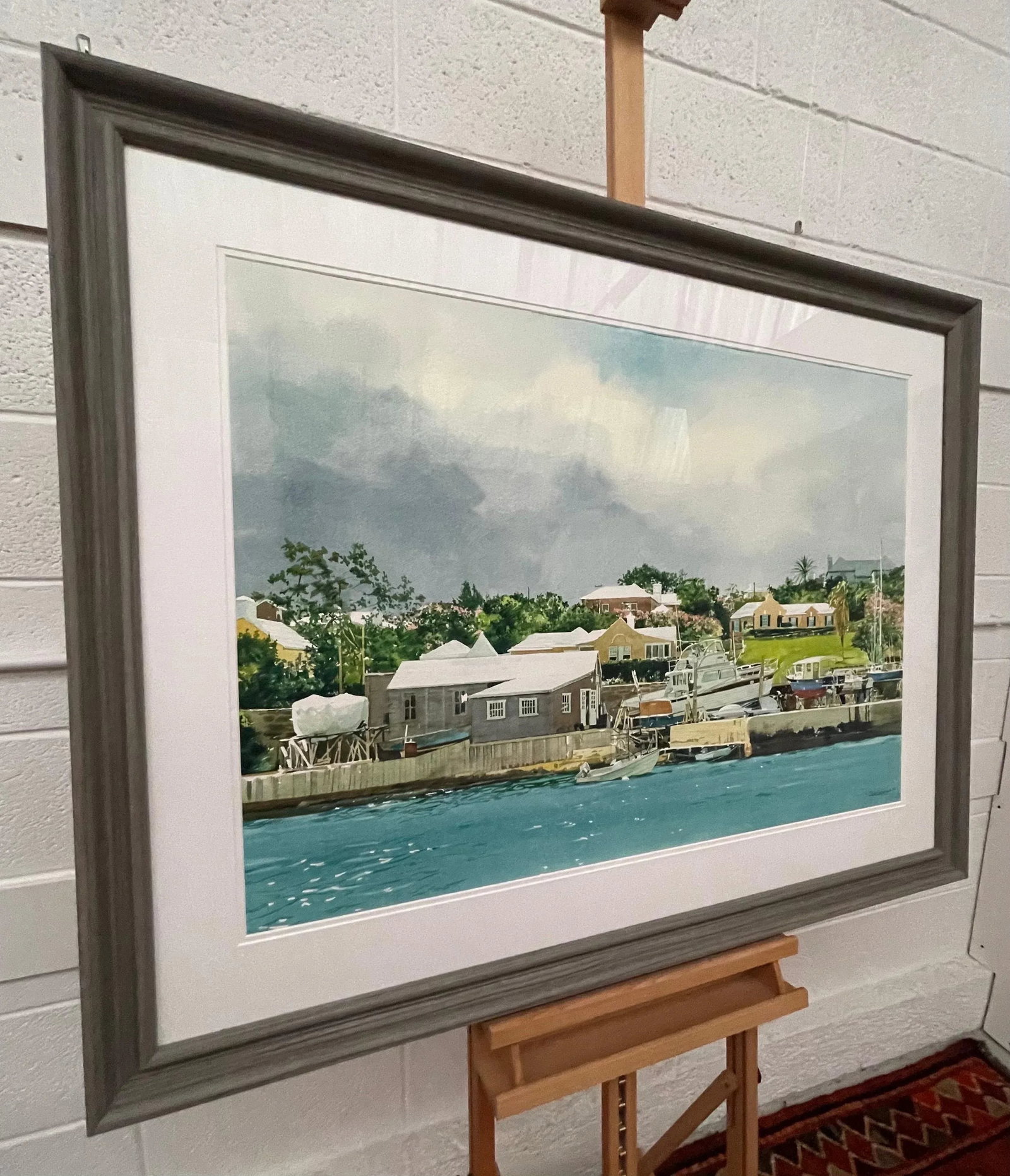 Large Watercolour of Pleasure Boats Moored on the River in Florida by Usa Artist, 2005 Circa - 2
