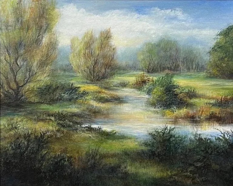 1998 River Landscape Painting of a Summer Evening in Ireland by 20th Century Artist Doris Houston, F - 5