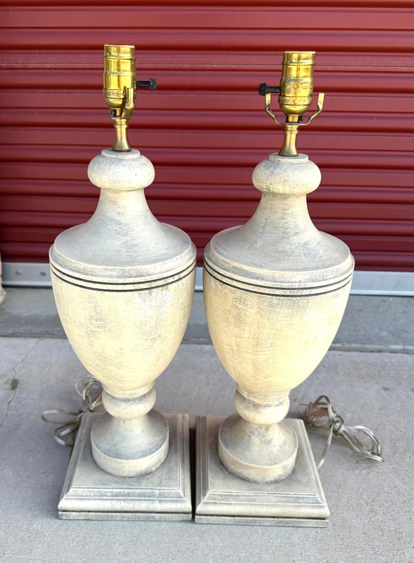 Wood Urn Table Lamps-A Pair - 4