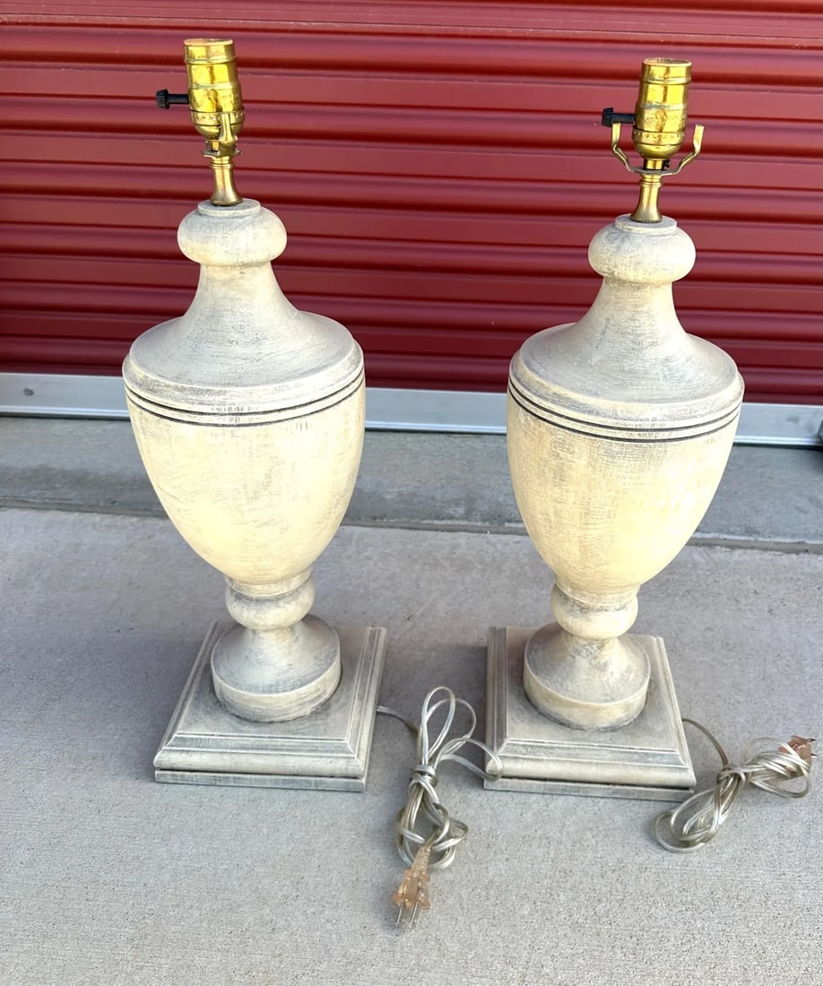 Wood Urn Table Lamps-A Pair - 6