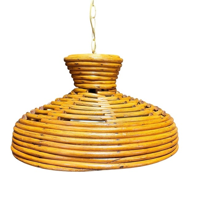 Restored Mid-Century Hanging Rattan Ceiling Lamp Chandelier W/ Center Globe - 2