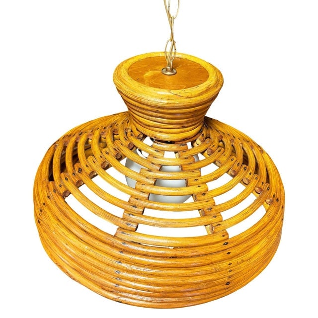 Restored Mid-Century Hanging Rattan Ceiling Lamp Chandelier W/ Center Globe - 4