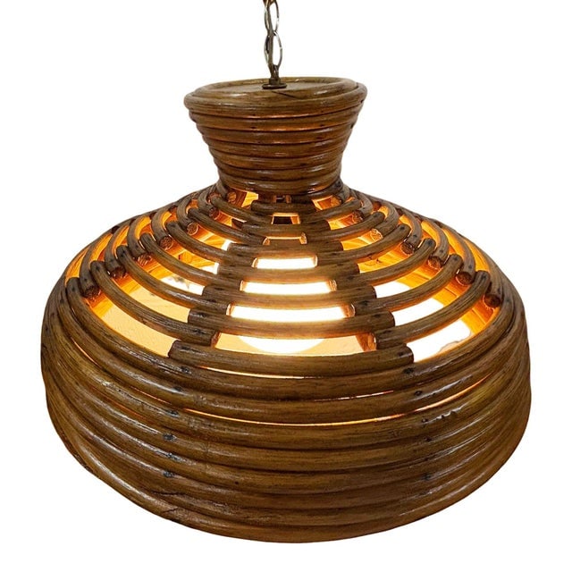 Restored Mid-Century Hanging Rattan Ceiling Lamp Chandelier W/ Center Globe - 6