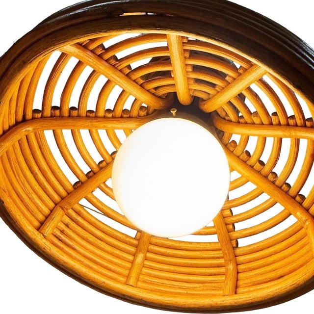 Restored Mid-Century Hanging Rattan Ceiling Lamp Chandelier W/ Center Globe - 9