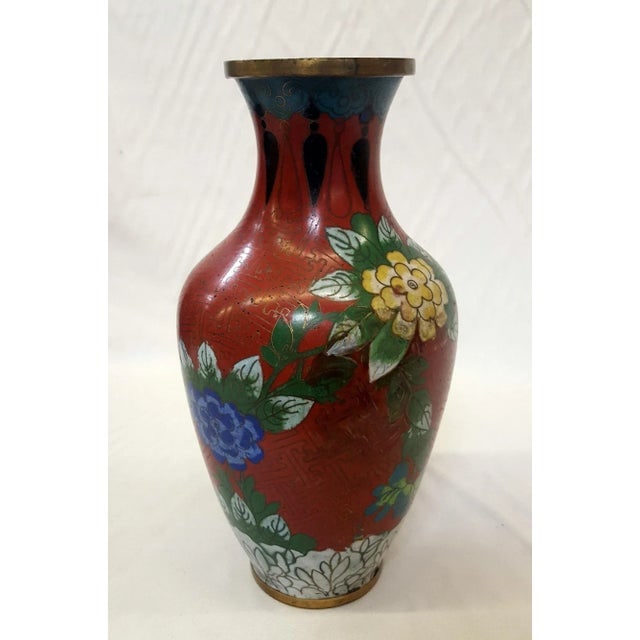 Vintage Chinese Floral Champleve Vase Enamel-Over-Brass - 3