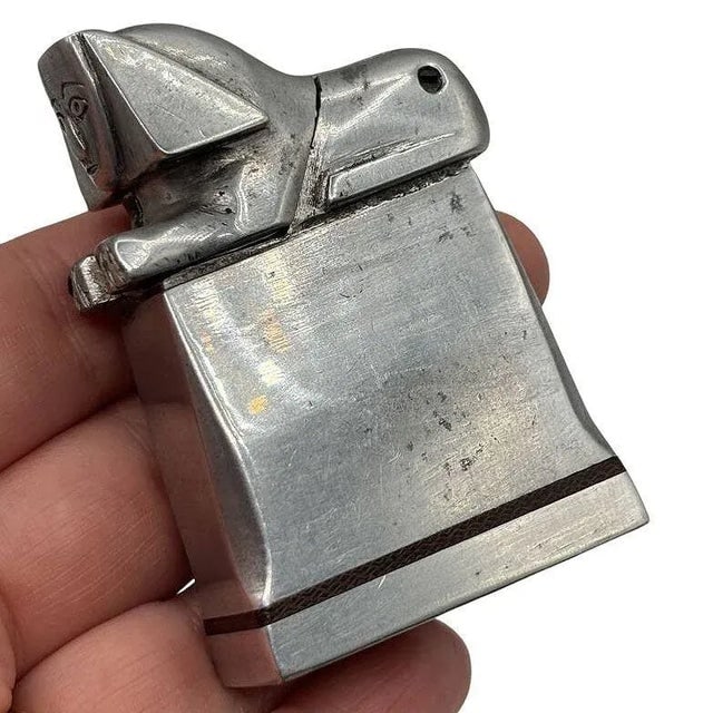 1920s Handmade Bespoke Silver Art Deco Sphinx Lift Arm Lighter With Geometric Inlay - 5