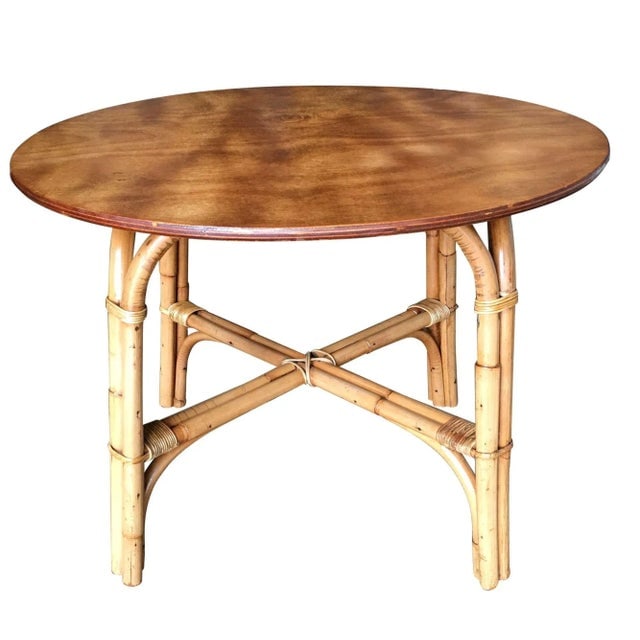 1950s Restored Vintage Round "X" Base Rattan Coffee Table With Oak Top - 2
