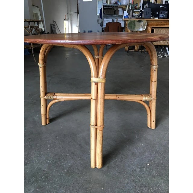 1950s Restored Vintage Round "X" Base Rattan Coffee Table With Oak Top - 4