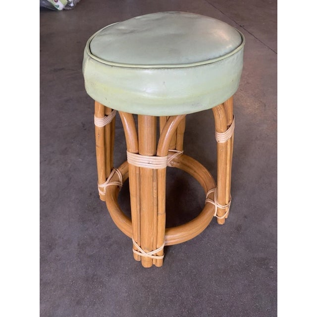 1950s Restored Single Stand Arched Rattan Vanity Stool with Teal Seat - 2