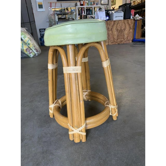 1950s Restored Single Stand Arched Rattan Vanity Stool with Teal Seat - 3