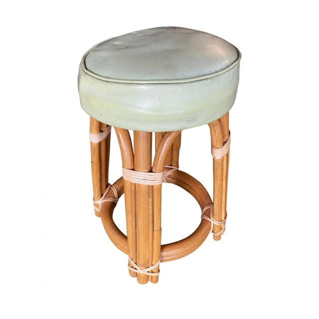 1950s Restored Single Stand Arched Rattan Vanity Stool with Teal Seat - 6