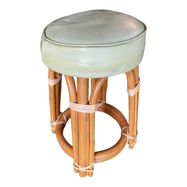 1950s Restored Single Stand Arched Rattan Vanity Stool with Teal Seat - 7