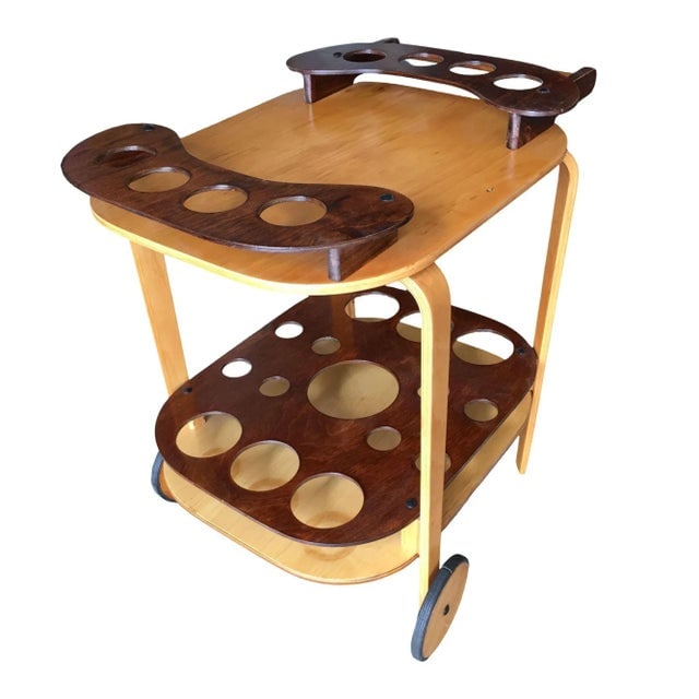 1950s Mid Century Bent Birch Plywood Two Tone Bar Cart - 3