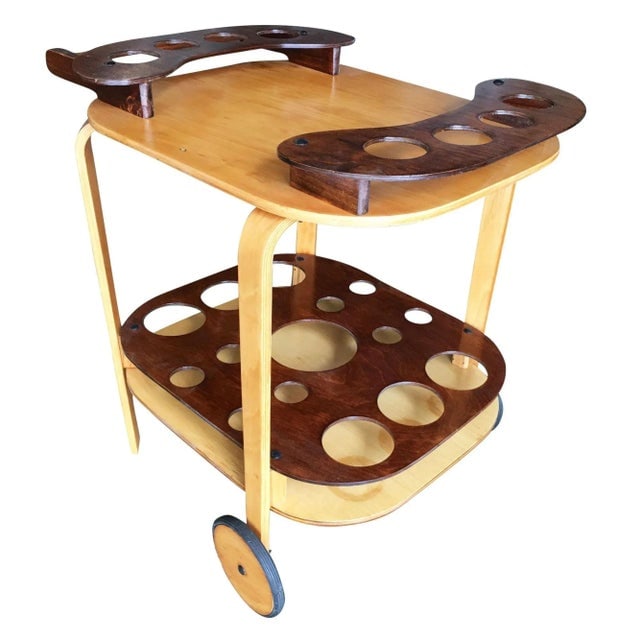 1950s Mid Century Bent Birch Plywood Two Tone Bar Cart - 5