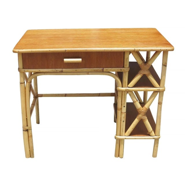 1950s Restored Rattan and Mahogany Writing Desk with Side Shelf - 2