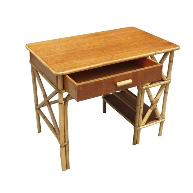 1950s Restored Rattan and Mahogany Writing Desk with Side Shelf - 3