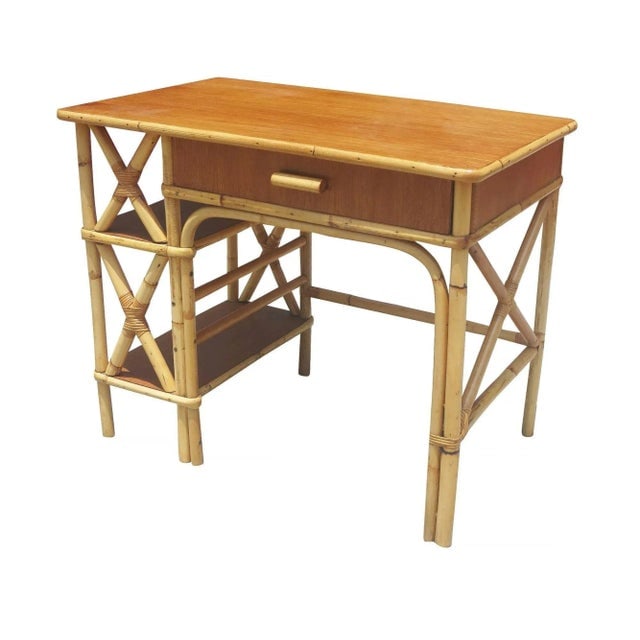 1950s Restored Rattan and Mahogany Writing Desk with Side Shelf - 4