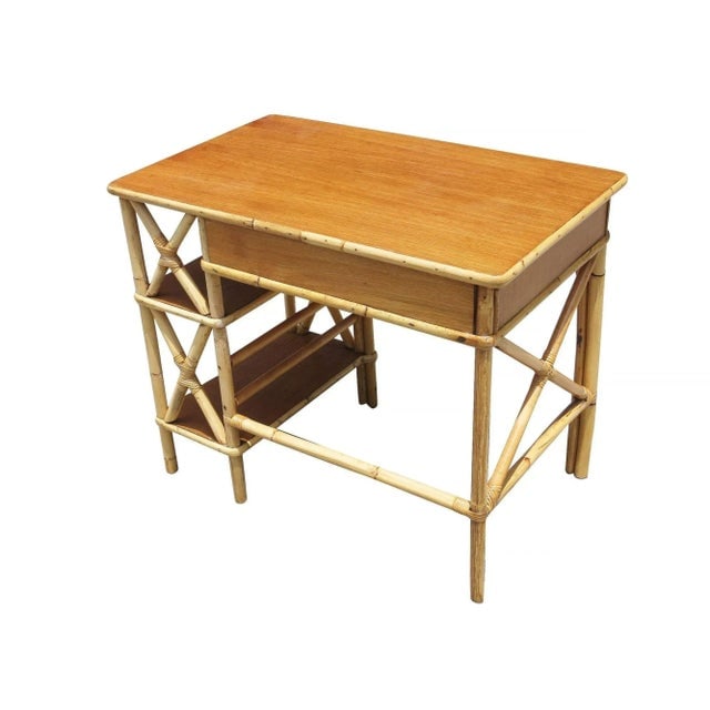 1950s Restored Rattan and Mahogany Writing Desk with Side Shelf - 5