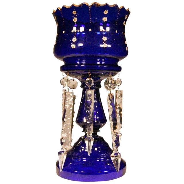 Early Century Victorian Cobalt and Crystal Glass Hand Gilded Lustre Vase (1 of 9)