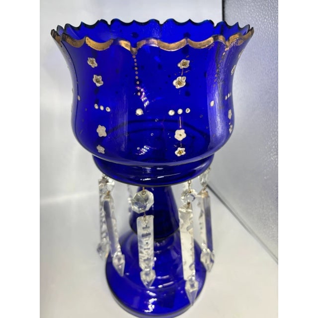 Early Century Victorian Cobalt and Crystal Glass Hand Gilded Lustre Vase - 2
