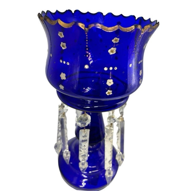 Early Century Victorian Cobalt and Crystal Glass Hand Gilded Lustre Vase - 4