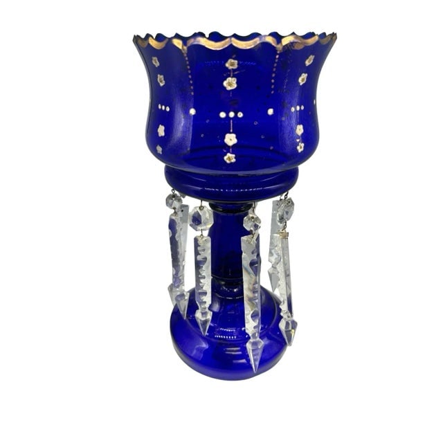 Early Century Victorian Cobalt and Crystal Glass Hand Gilded Lustre Vase - 9