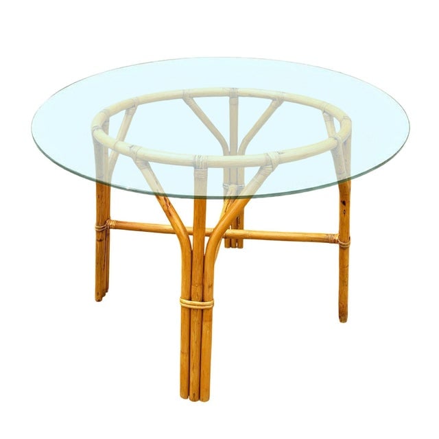 Restored Mid-Century Round Glass Top 3-Strand Rattan Dining Table - 2