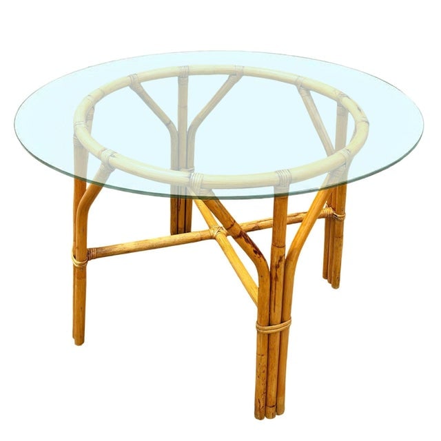 Restored Mid-Century Round Glass Top 3-Strand Rattan Dining Table - 3