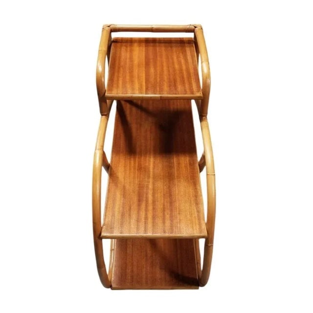 1950s Restored Mid-Century 3-Tier 3/4 Pretzel Rattan Side Table W/ Mahogany Top - 2