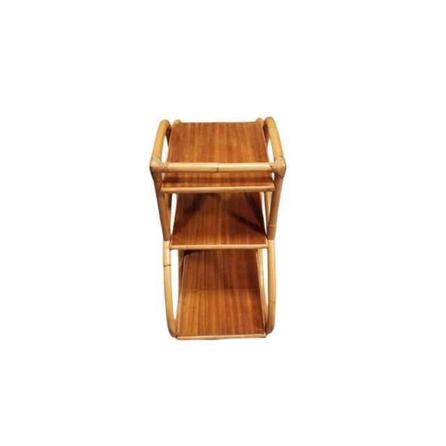 1950s Restored Mid-Century 3-Tier 3/4 Pretzel Rattan Side Table W/ Mahogany Top - 4